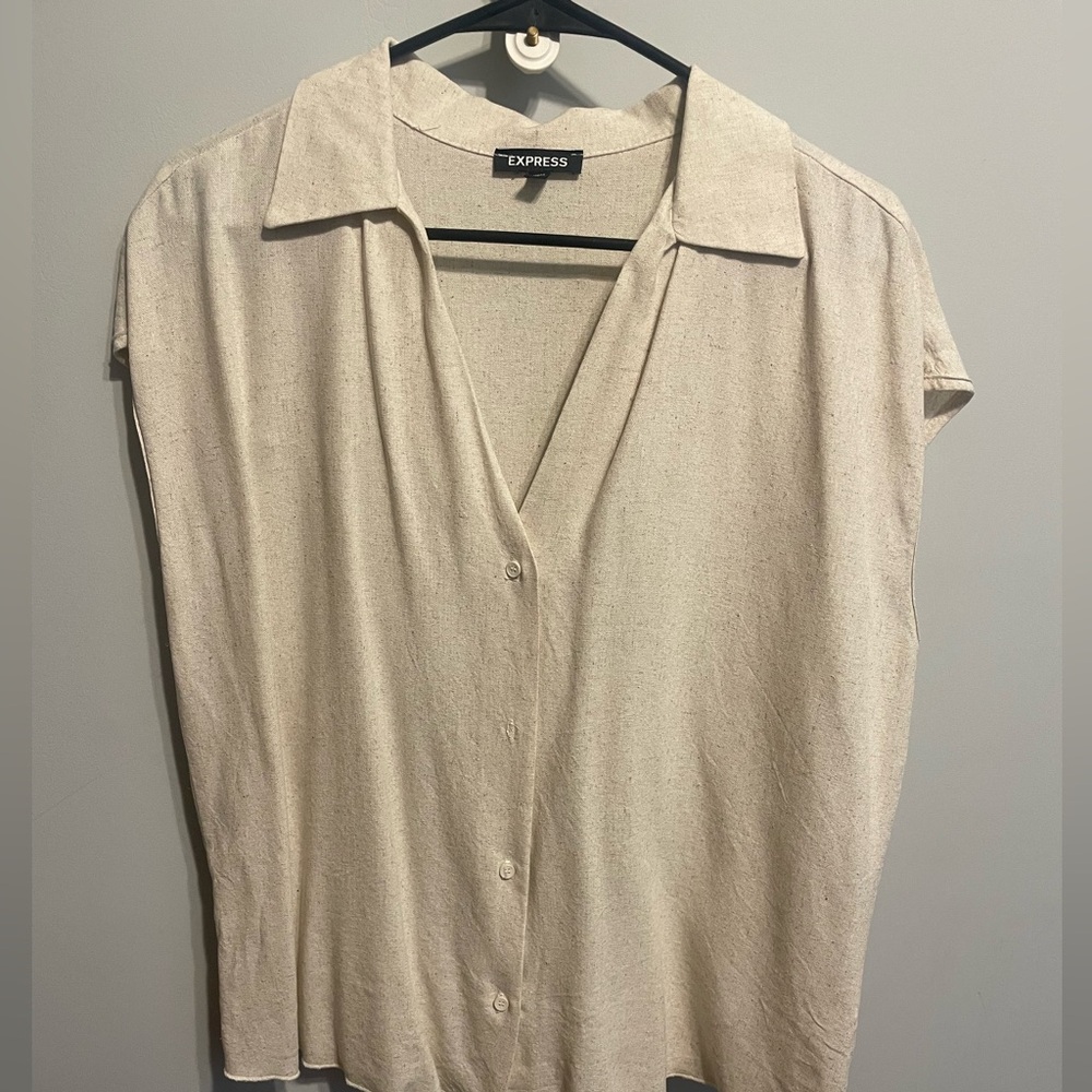 Express Cream Button Down Cap Sleeve Top